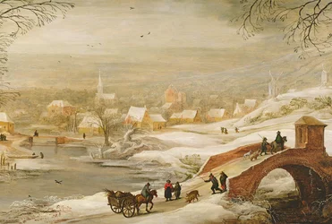 Vinterflodlandskap med resande på en bro och en stad i fjärran, sent 1720-tal
